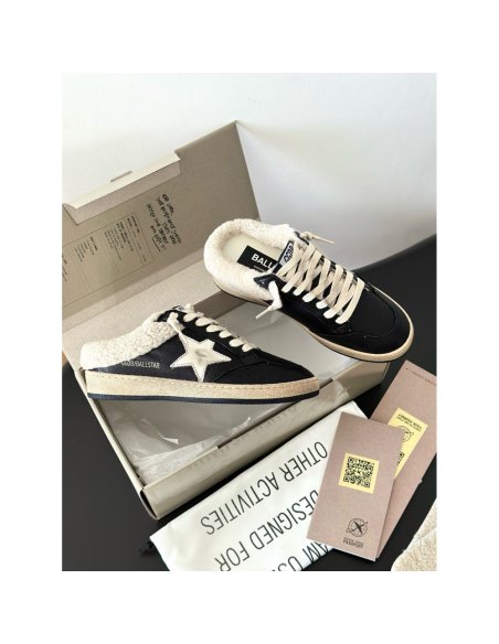 Cheap Reps Golden Goose Womens Black Ball Star Sabots with Shearling Lining