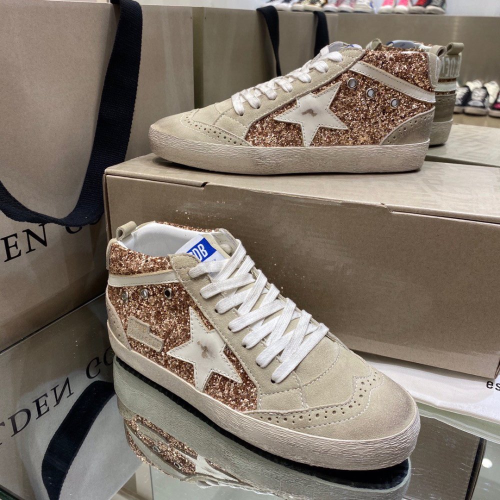 Cheap Reps Golden Goose Womens Mid Star Sneakers with Pink-gold Glitter