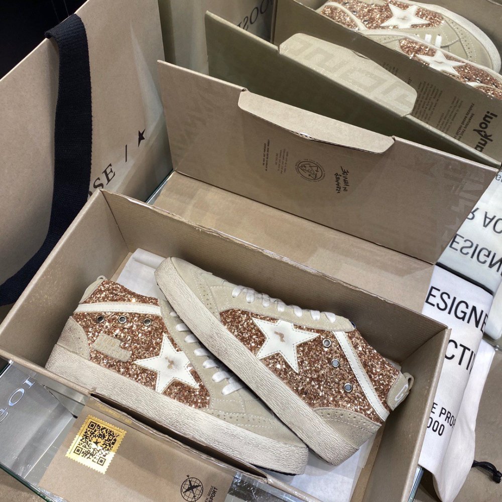 Cheap Reps Golden Goose Womens Mid Star Sneakers with Pink-gold Glitter