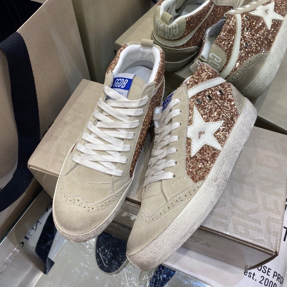 Cheap Reps Golden Goose Womens Mid Star Sneakers with Pink-gold Glitter