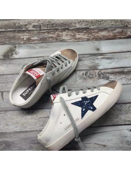 Cheap Reps Golden Goose Womens Super-Star Sabots with Blue Glitter Star