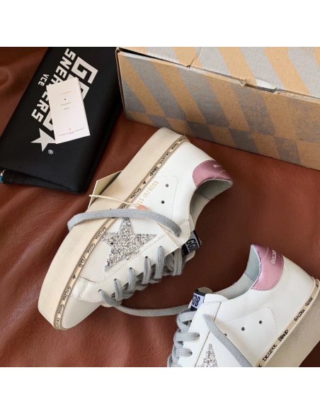 Cheap Reps Golden Goose Womens Hi-Star Sneakers with Glitter Star and Pink Heel