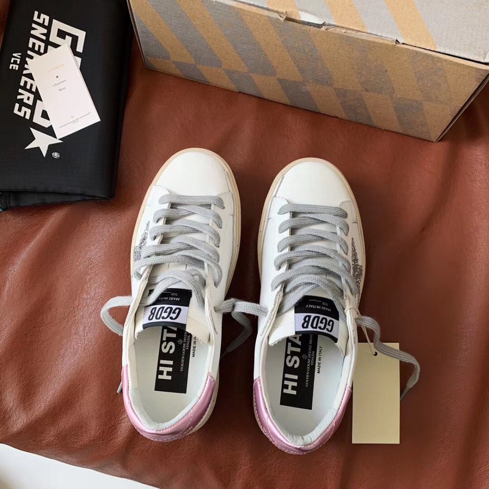 Cheap Reps Golden Goose Womens Hi-Star Sneakers with Glitter Star and Pink Heel