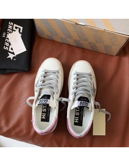 Cheap Reps Golden Goose Womens Hi-Star Sneakers with Glitter Star and Pink Heel