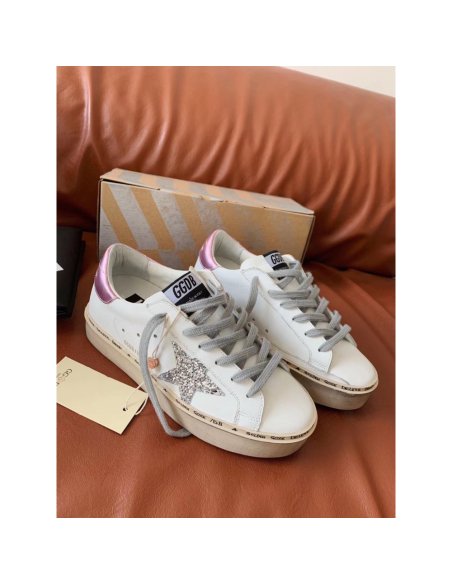 Cheap Reps Golden Goose Womens Hi-Star Sneakers with Glitter Star and Pink Heel
