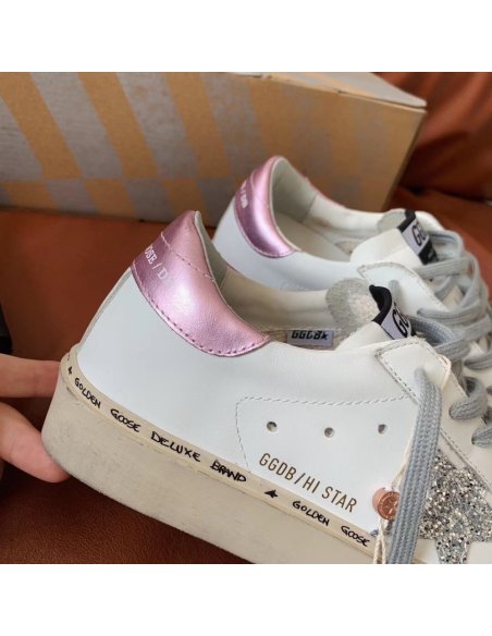 Cheap Reps Golden Goose Womens Hi-Star Sneakers with Glitter Star and Pink Heel
