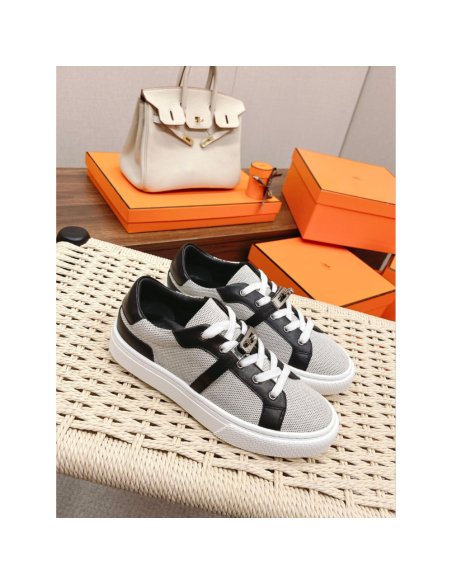 Cheap Reps Hermes Womens Day Sneakers in H Canvas with Black Leather