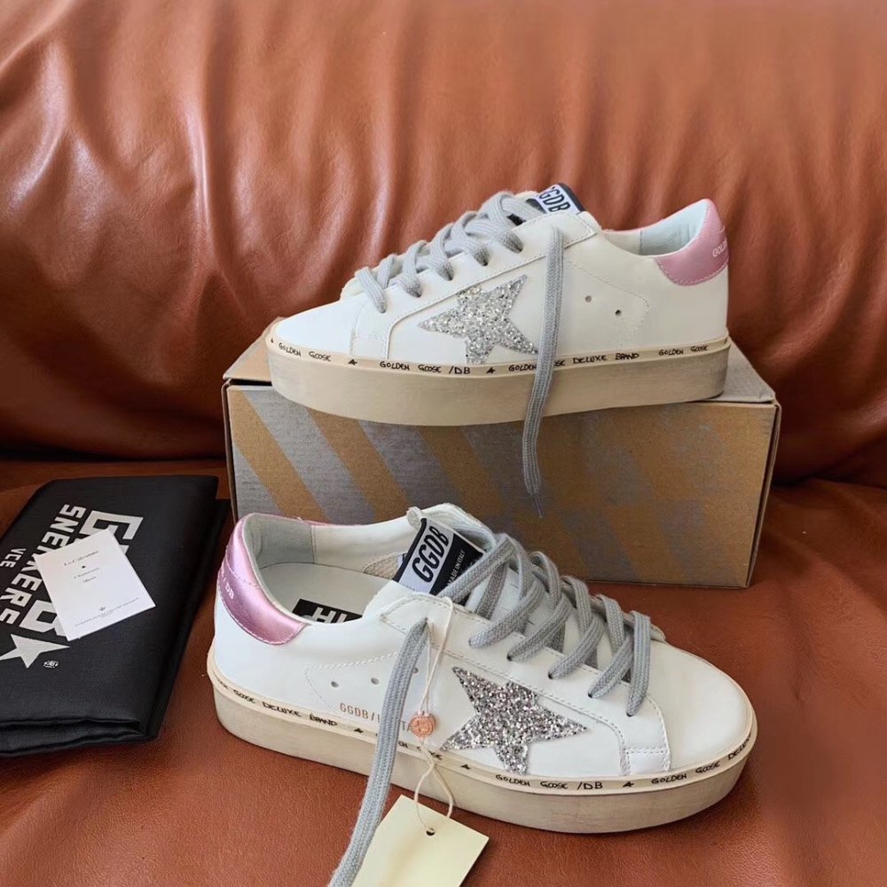 Cheap Reps Golden Goose Womens Hi-Star Sneakers with Glitter Star and Pink Heel