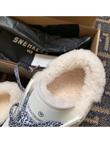 Cheap Reps Golden Goose Womens Super-Star Shearling Sneakers with Leopard Laces