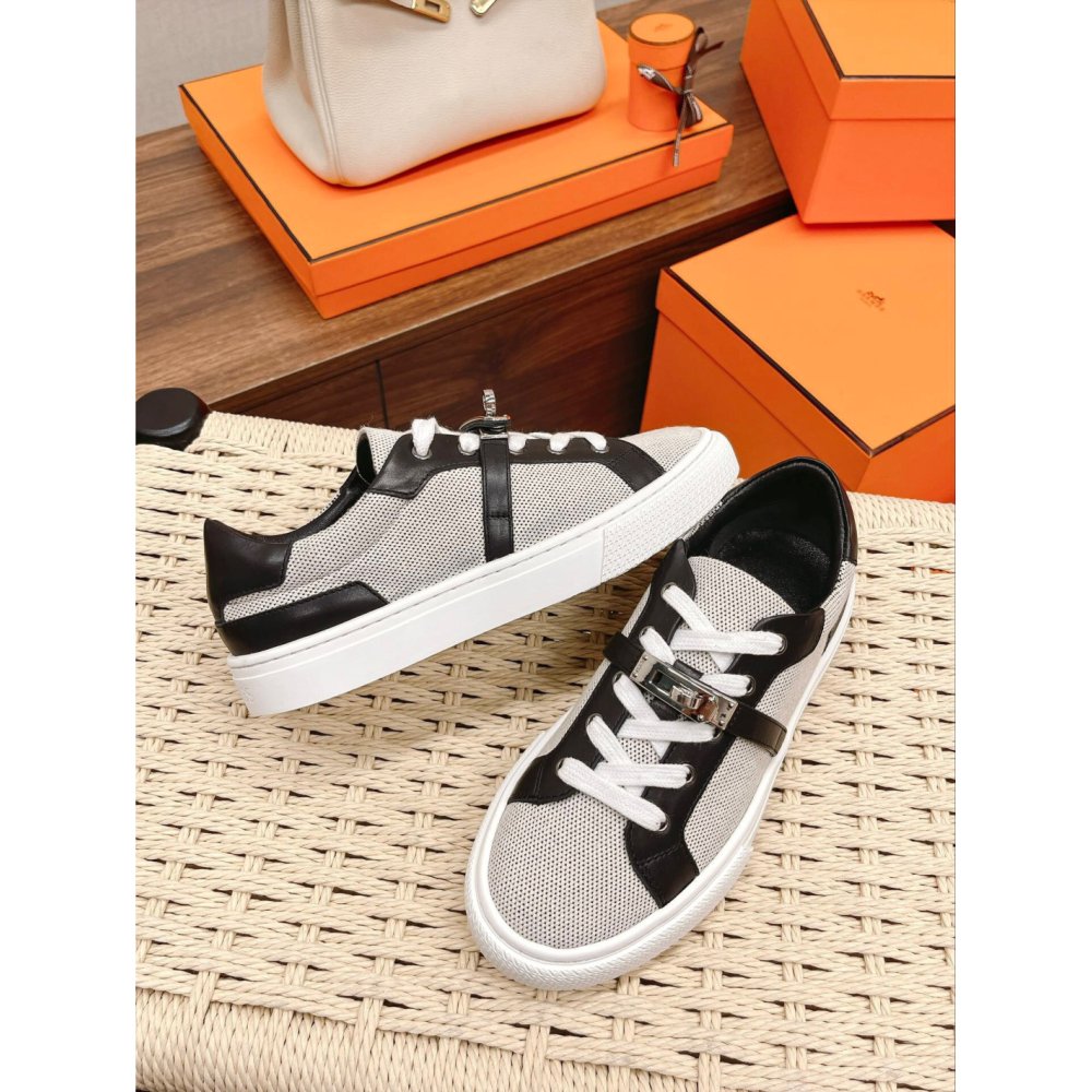 Cheap Reps Hermes Womens Day Sneakers in H Canvas with Black Leather