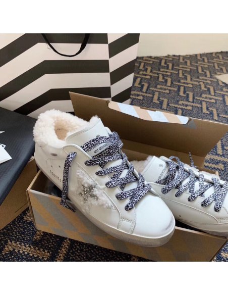 Cheap Reps Golden Goose Womens Super-Star Shearling Sneakers with Leopard Laces