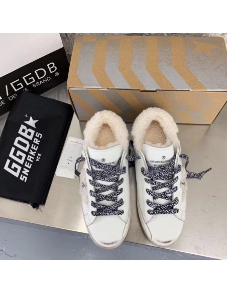 Cheap Reps Golden Goose Womens Super-Star Shearling Sneakers with Leopard Laces