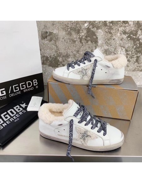Cheap Reps Golden Goose Womens Super-Star Shearling Sneakers with Leopard Laces