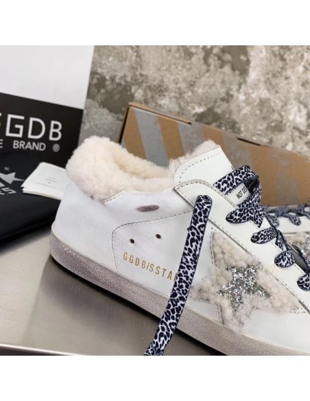Cheap Reps Golden Goose Womens Super-Star Shearling Sneakers with Leopard Laces