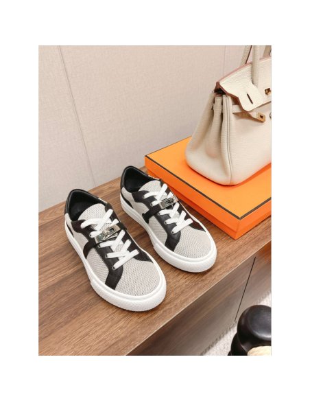 Cheap Reps Hermes Womens Day Sneakers in H Canvas with Black Leather