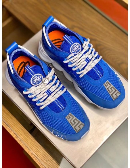 Cheap Reps Versace Womens Chain Reaction Sneakers In Blue Mesh