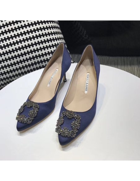 Cheap Reps Manolo Blahnik Hangisi 70 Pumps In Navy Blue Satin