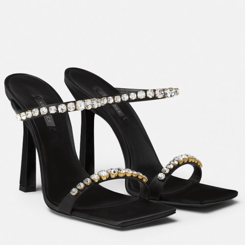 Cheap Reps Versace Black Satin Mules 105MM With Rhinestone