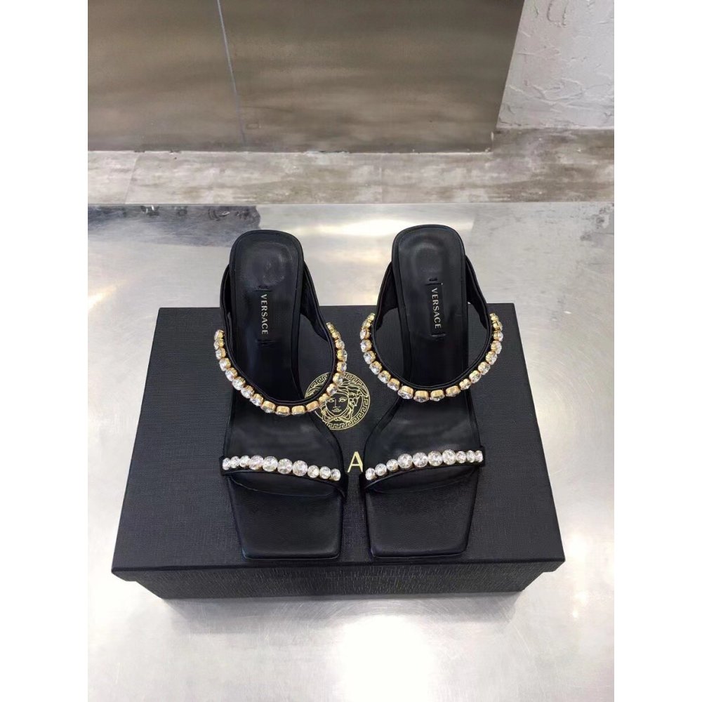 Cheap Reps Versace Black Satin Mules 105MM With Rhinestone