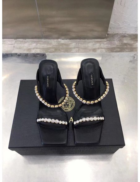 Cheap Reps Versace Black Satin Mules 105MM With Rhinestone