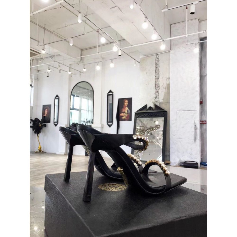 Cheap Reps Versace Black Satin Mules 105MM With Rhinestone