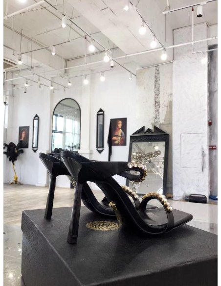 Cheap Reps Versace Black Satin Mules 105MM With Rhinestone