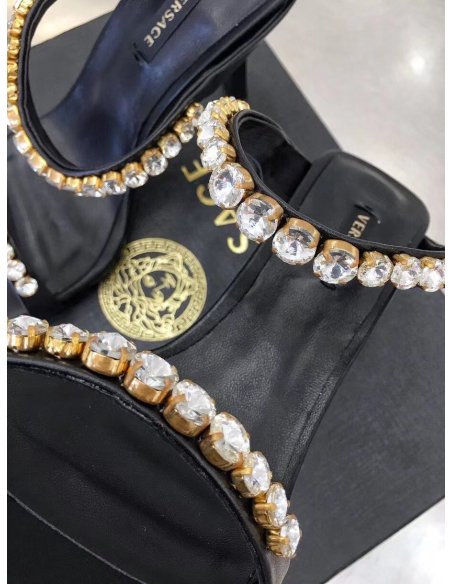 Cheap Reps Versace Black Satin Mules 105MM With Rhinestone