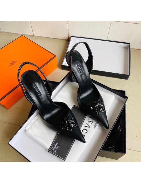 Cheap Reps Versace La Medusa Slingback Pumps In Black Leather