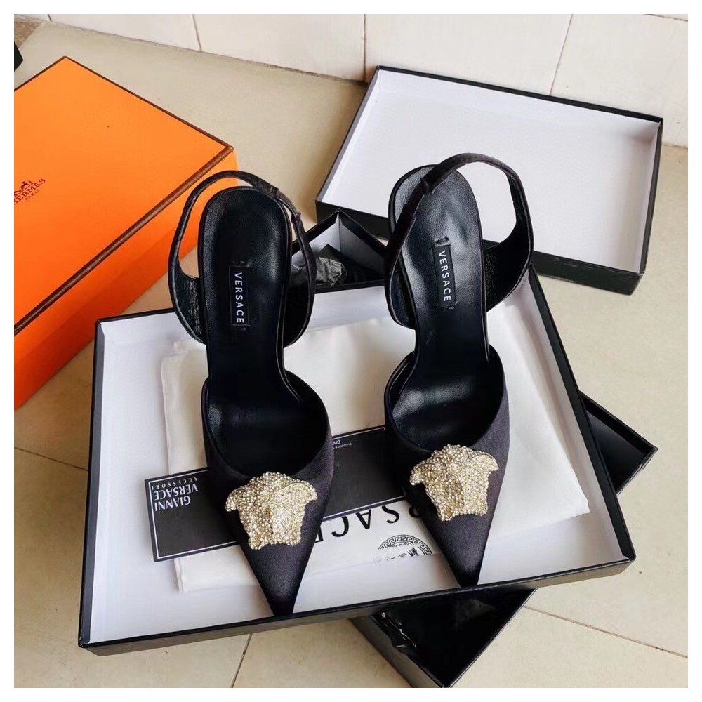 Cheap Reps Versace La Medusa Slingback Pumps In Black Satin