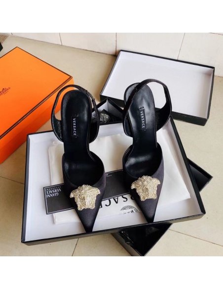 Cheap Reps Versace La Medusa Slingback Pumps In Black Satin