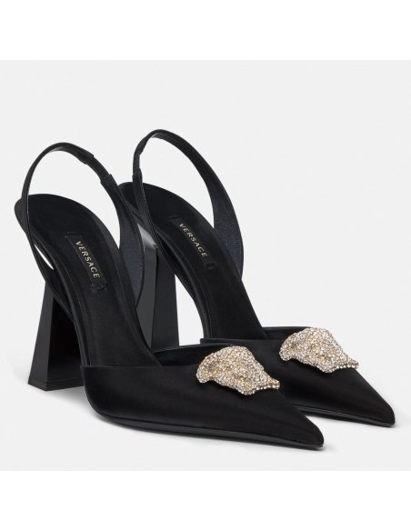 Cheap Reps Versace La Medusa Slingback Pumps In Black Satin