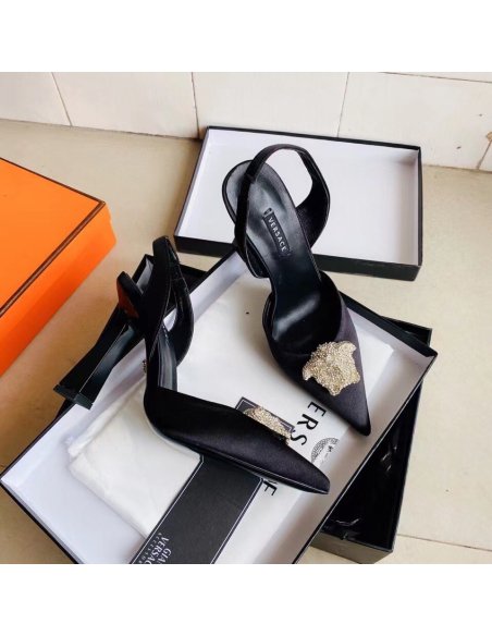 Cheap Reps Versace La Medusa Slingback Pumps In Black Satin