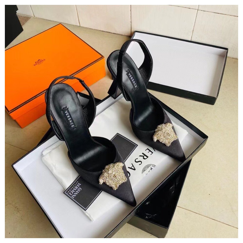 Cheap Reps Versace La Medusa Slingback Pumps In Black Satin