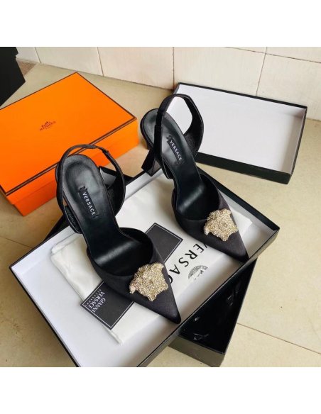 Cheap Reps Versace La Medusa Slingback Pumps In Black Satin