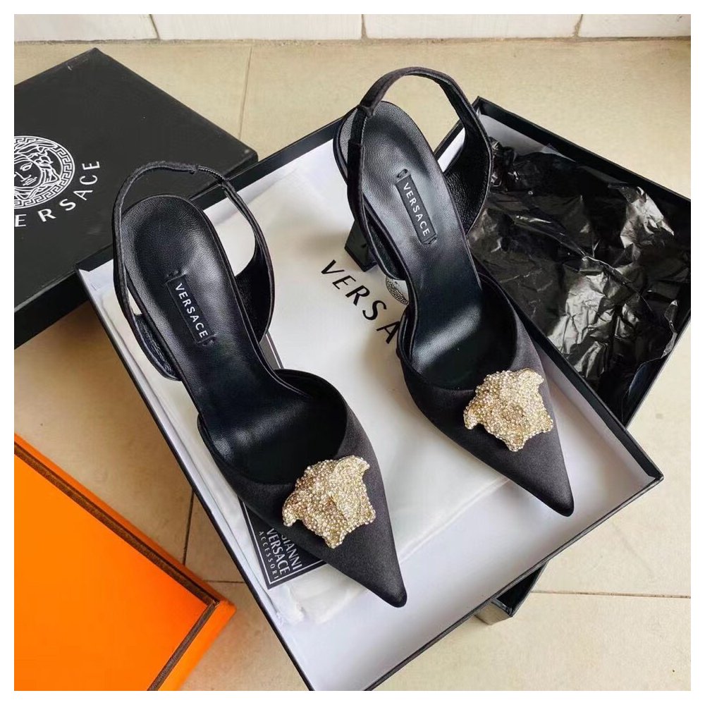 Cheap Reps Versace La Medusa Slingback Pumps In Black Satin