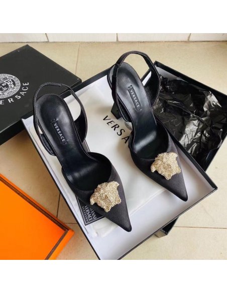 Cheap Reps Versace La Medusa Slingback Pumps In Black Satin