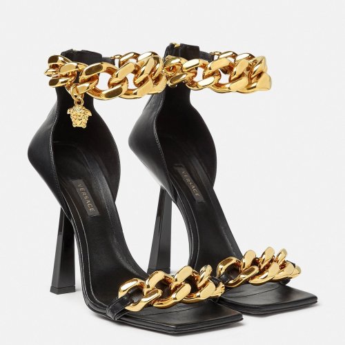 Cheap Reps Versace Medusa Chain Sandals 110mm In Black Leather