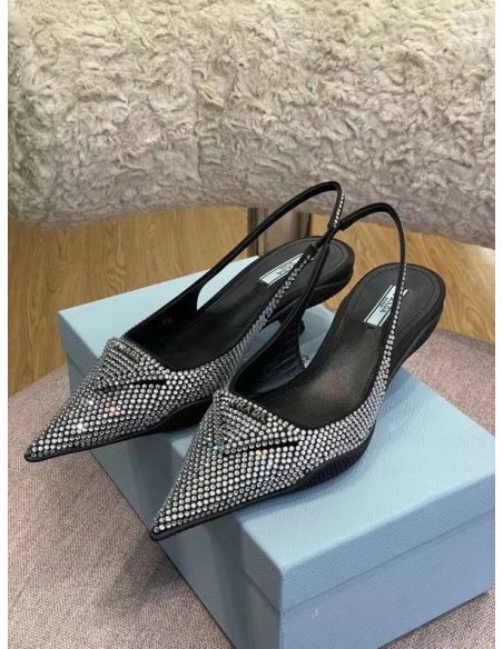 Cheap Reps Prada Satin Slingback Pumps with Crystals