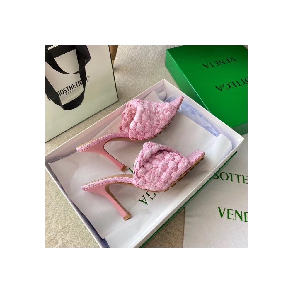 Cheap Reps Bottega Veneta Stretch Sandals In Pink Intrecciato Raffia