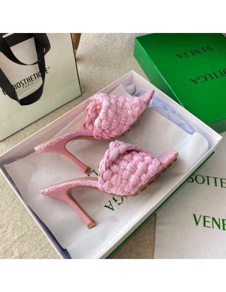 Cheap Reps Bottega Veneta Stretch Sandals In Pink Intrecciato Raffia