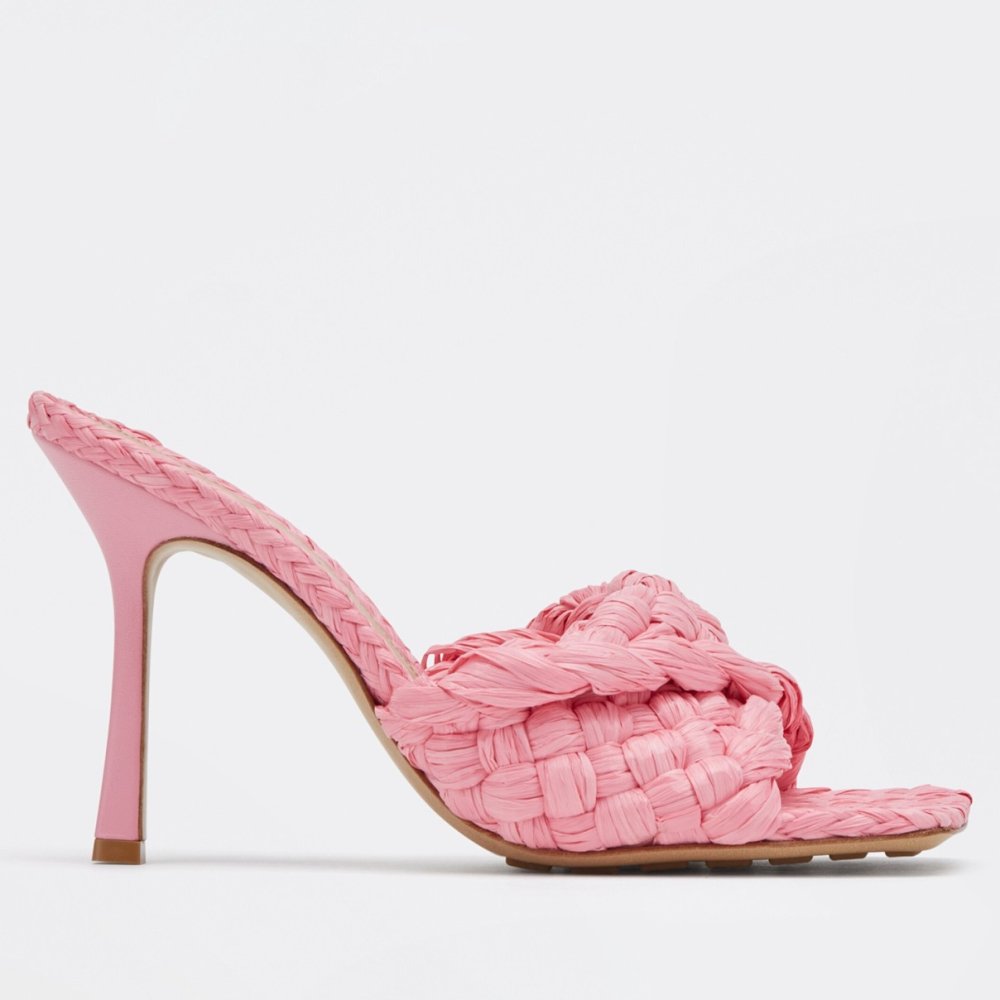 Cheap Reps Bottega Veneta Stretch Sandals In Pink Intrecciato Raffia