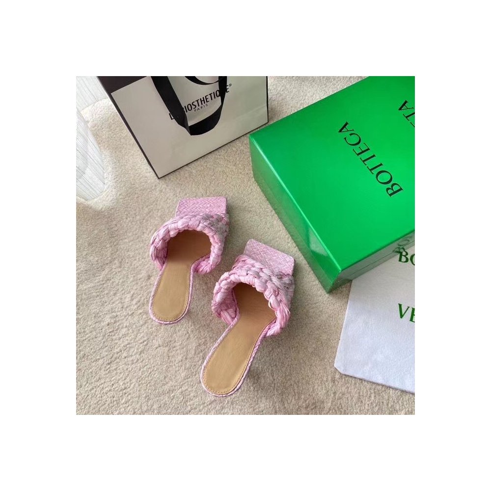 Cheap Reps Bottega Veneta Stretch Sandals In Pink Intrecciato Raffia