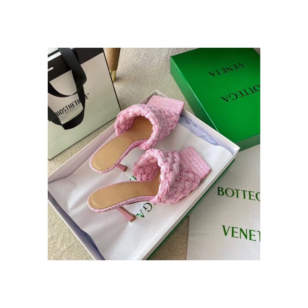 Cheap Reps Bottega Veneta Stretch Sandals In Pink Intrecciato Raffia
