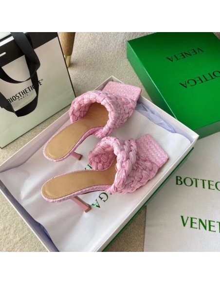 Cheap Reps Bottega Veneta Stretch Sandals In Pink Intrecciato Raffia
