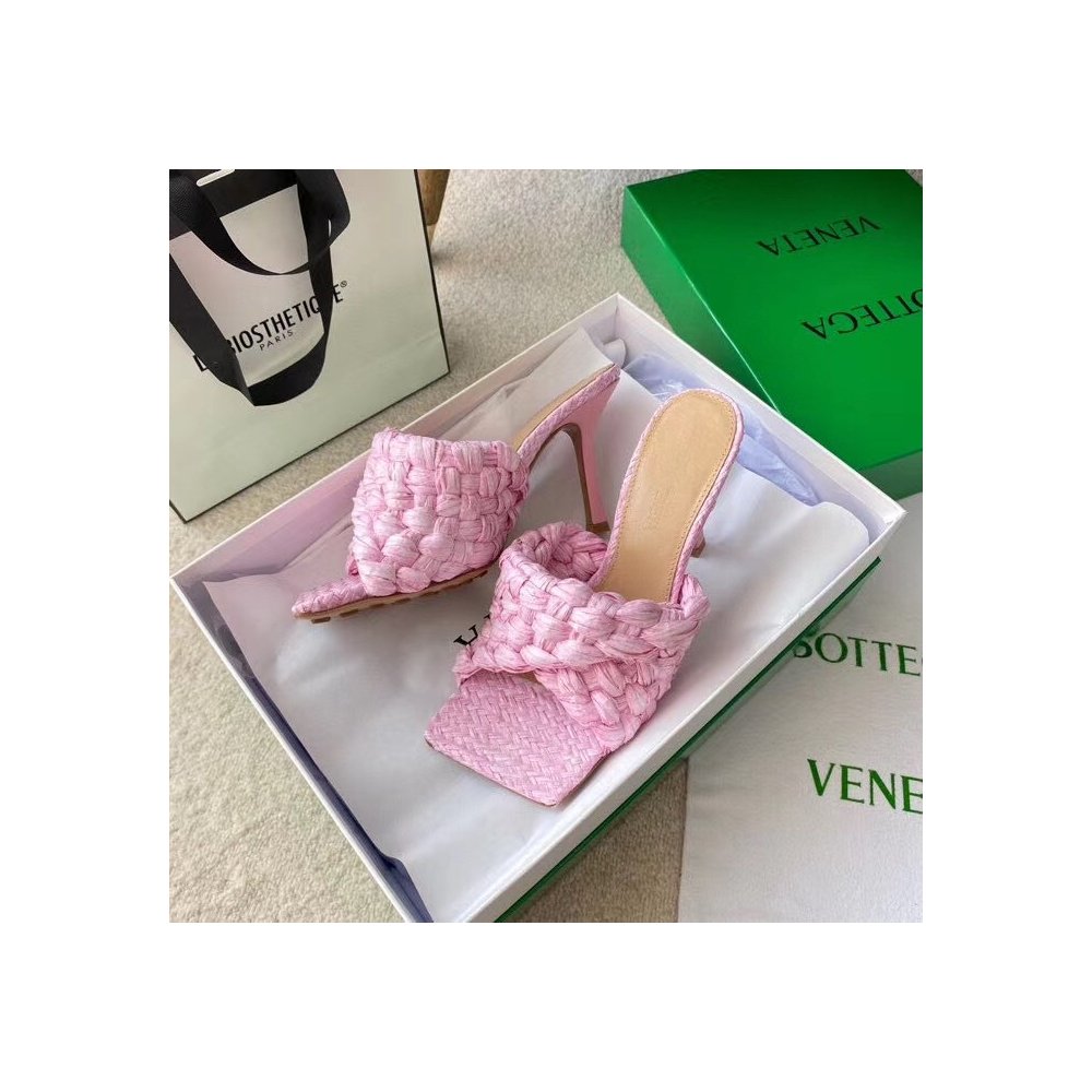 Cheap Reps Bottega Veneta Stretch Sandals In Pink Intrecciato Raffia