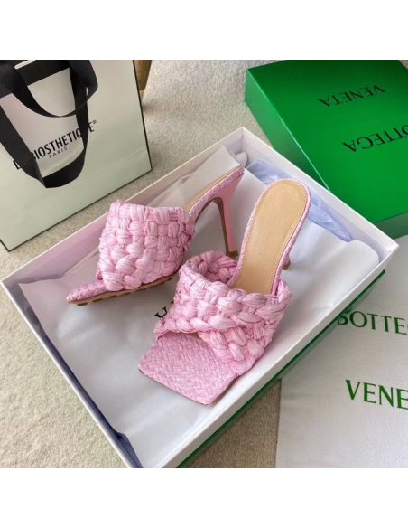 Cheap Reps Bottega Veneta Stretch Sandals In Pink Intrecciato Raffia