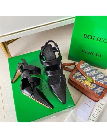 Cheap Reps Bottega Veneta BV Point Slingback Sandals In Black Lambskin