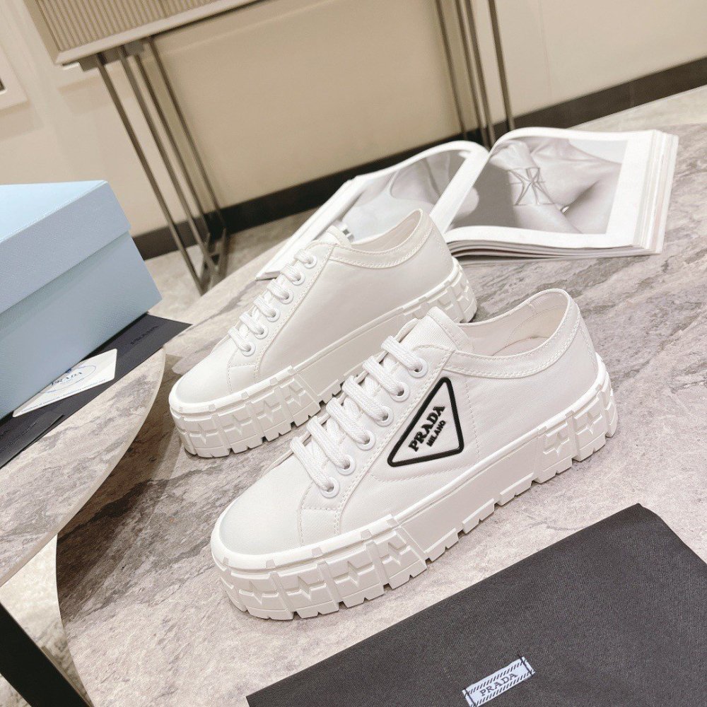 Cheap Reps Prada Double Wheel Sneakers In White Nylon Gabardine