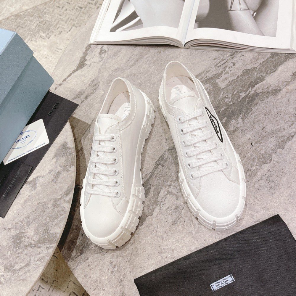 Cheap Reps Prada Double Wheel Sneakers In White Nylon Gabardine