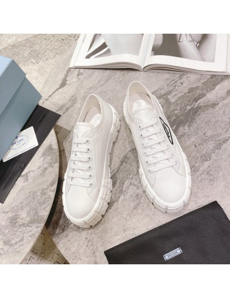 Cheap Reps Prada Double Wheel Sneakers In White Nylon Gabardine